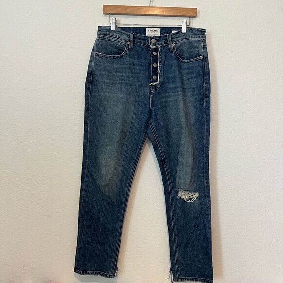 FRAME Blue Distressed Denim Le Pegged Cropped Button-Fly Jeans Women's Size 29 - Picture 3 of 7